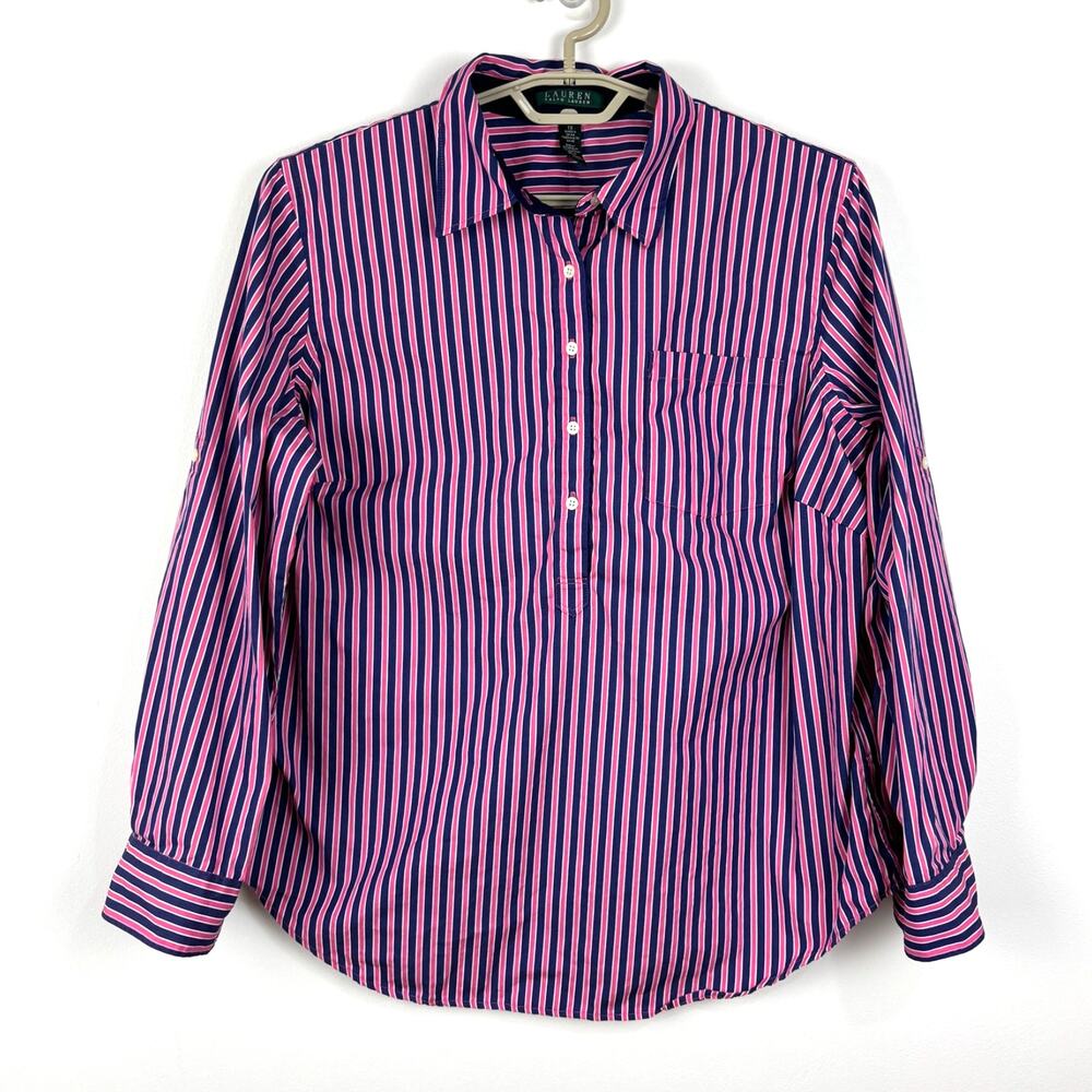 Lauren Ralph Lauren Popover Cotton Button Shirt 1X pink blue preppy roll tab
